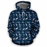 AOPH-U-Ani-CuteBluePtn-Sark-210809NA10 @ Shark Cute Blue Pattern-Shark Blue Sea Pattern All Over Print Hoodie