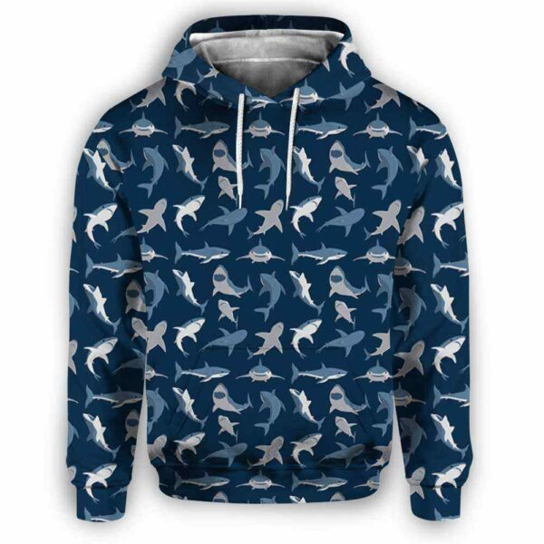 AOPH-U-Ani-CuteBluePtn-Sark-210809NA10 @ Shark Cute Blue Pattern-Shark Blue Sea Pattern All Over Print Hoodie