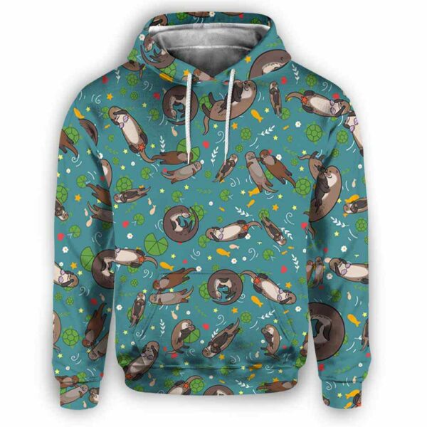 AOPH-U-Ani-DarkGreePtn-Oter-210809NA10 @ Otter Dark Green Pattern-Otter Dark Green Swimming All Over Print Hoodie