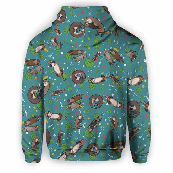 AOPH-U-Ani-DarkGreePtn-Oter-210809NA10 @ Otter Dark Green Pattern-Otter Dark Green Swimming All Over Print Hoodie