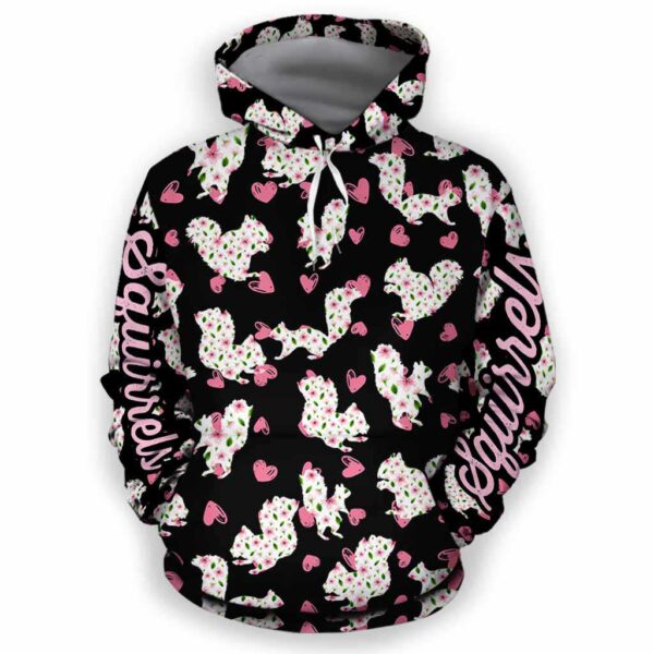 AOPH-U-Ani-PinkSimpHearPtn-Sqrl-210809NA10 @ Squirrel Pink Simple Heart Pattern-Squirrel Pink Heart Pattern All Over Print Hoodie