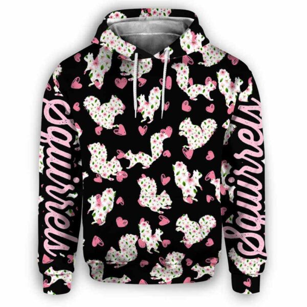 AOPH-U-Ani-PinkSimpHearPtn-Sqrl-210809NA10 @ Squirrel Pink Simple Heart Pattern-Squirrel Pink Heart Pattern All Over Print Hoodie