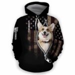 AOPH-U-Dog-AmerFlagZipp-Corgi-210809NA10 @ Corgi American Flag Zipper-Corgi Usa Flag Zipper All Over Print Hoodie