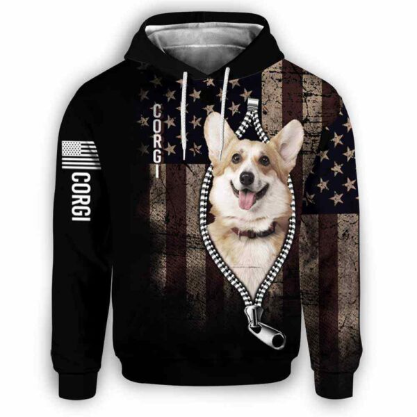 AOPH-U-Dog-AmerFlagZipp-Corgi-210809NA10 @ Corgi American Flag Zipper-Corgi Usa Flag Zipper All Over Print Hoodie