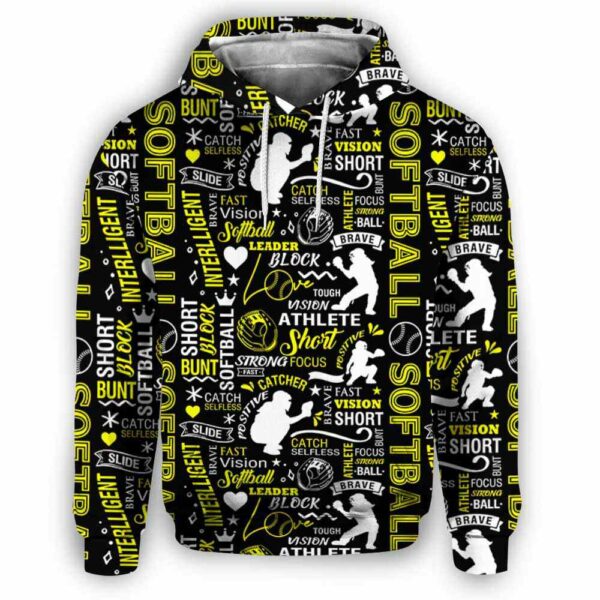 AOPH-U-Hobb-WhitYellPtn-Sbal-210809NA10 @ Softball White Yellow Pattern-Softball Yellow And White Typography All Over Print Hoodie