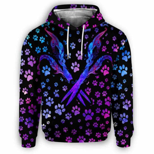 AOPH-U-Job-GlxyPawPtn-Dgrm-210809NA10 @ Dog Groomer Galaxy Paw Pattern-Dog Groomer Blue Purple Scissors And Paws All Over Print Hoodie