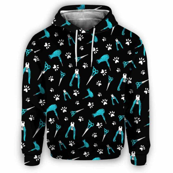 AOPH-U-Job-SparTealTool-Dgrm-210809NA10 @ Dog Groomer Sparkle Teal Tool-Dog Groomer Teal Grooming Tools Pattern All Over Print Hoodie
