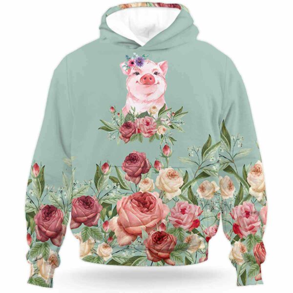 AOPH-U-Ani-GreeFlow-Pig-210908VY10 @ Pig Green Flowers-Pig Pig Flower All Over Print Hoodie