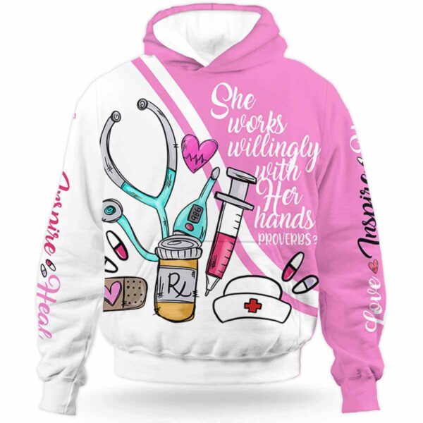 AOPH-U-Nur-WorkWillWhitPink-Nur-210910NA10 @ Nurse Work Willingly White Pink-Nurse She Works Willingly With Her Hands All Over Print Hoodie