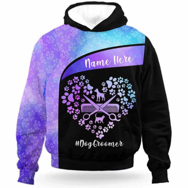 AOPH-U-Job-PawsHearTealPurp-Dgrm-210928VA10 @ Dog Groomer Paws heart Teal Purple-Dog Groomer Heart Pastel Custom Name All Over Print Hoodie