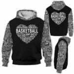 AOPH-U-Hobb-HearTxtPtn-Bskb-211013VY10 @ Basketball Heart Text Pattern-Basketball Heart Text Typography Pattern 3D Hoodie