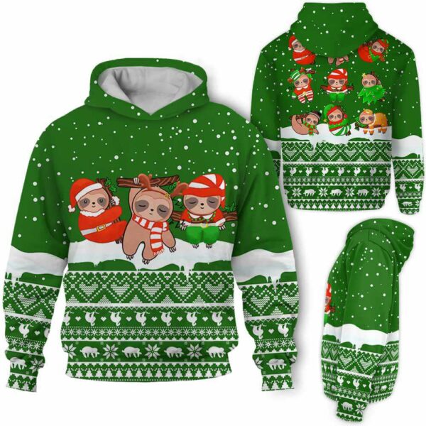 AOPH-U-Ani-KnitGree-Slth-211025VY10 @ Sloth Knitted Green-Sloth Christmas Green Knit Snow 3D Hoodie