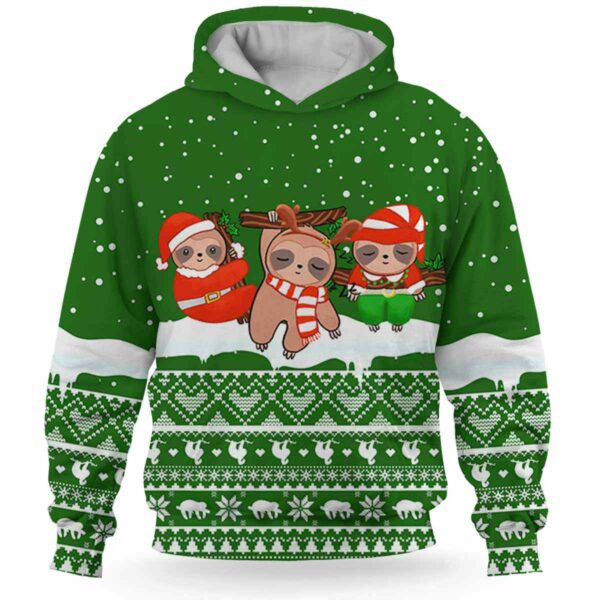AOPH-U-Ani-KnitGree-Slth-211025VY10 @ Sloth Knitted Green-Sloth Christmas Green Knit Snow 3D Hoodie