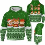 AOPH-U-Ani-KnitGree-Fox-211025VY10 @ Fox Knitted Green-Fox Christmas Green Knit Snow 3D Hoodie