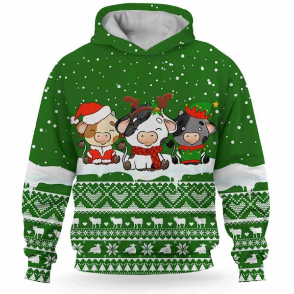 AOPH-U-Ani-KnitGree-Cow-211025VY10 @ Cow Knitted Green-Cow Christmas Green Knit Snow 3D Hoodie