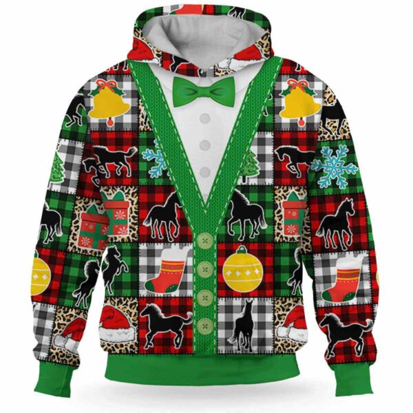 AOPH-U-Ani-PlaiColoSewiPatc-Hrse-211028VA10 @ Horse plaid colorful sewing patches-Horse Christmas Cute Plaid Patches 3D Hoodie