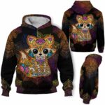 AOPH-U-Ani-SugaSkulBlacMdl-Fox-211028NA10 @ Fox Sugar Skull Black Mandala-Fox Sugar Skull With Purple Mandala 3D Hoodie