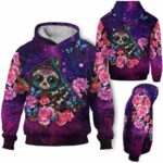 AOPH-W-Ani-SugaSkulFralSmok-Slth-211028NA10 @ Sloth Sugar Skull Floral Smoke-Sloth Sugar Skull Pink Purple Flower Galaxy 3D Hoodie
