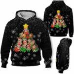 AOPH-U-Ani-SnowPtn-Slth-211028VA10 @ Sloth Snow Pattern-Sloth Christmas Tree Snow Black 3D Hoodie