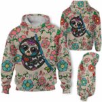 AOPH-W-Ani-SugaSkulBlacMexiFlwr-Slth-211028NA10 @ Sloth Sugar Skull Black Mexican Flower-Sloth Sugar Skull With Floral Pattern 3D Hoodie