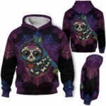 AOPH-U-Ani-SugaSkulBlacMdl-Slth-211028NA10 @ Sloth Sugar Skull Black Mandala-Sloth Sugar Skull With Purple Mandala 3D Hoodie