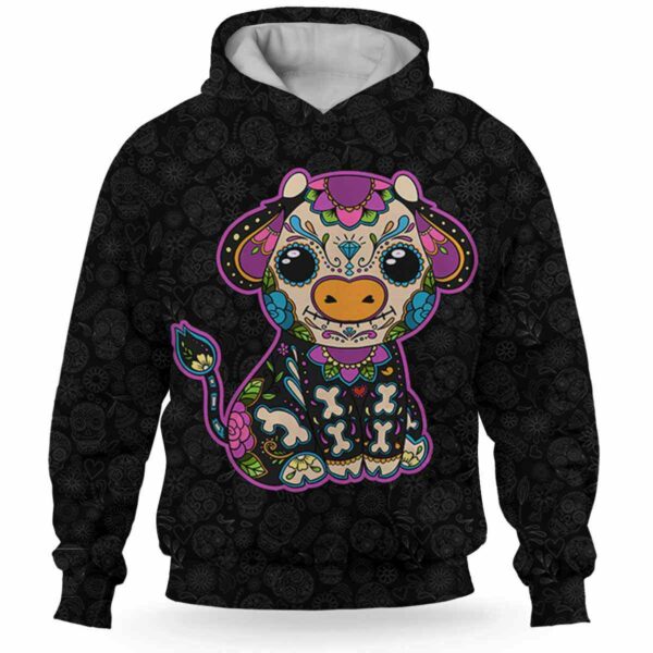 AOPH-U-Ani-SugaSkulBlacBg-Cow-211029NA10 @ Cow Sugar Skull Black BG-Cow Sugar Skull Black Pattern 3D Hoodie