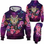 AOPH-W-Ani-SugaSkulFralSmok-Goat-211028NA10 @ Goat Sugar Skull Floral Smoke-Goat Sugar Skull Pink Purple Flower Galaxy 3D Hoodie