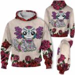 AOPH-U-Ani-SugaSkulRose-Axolo-211028NA10 @ Axolotl Sugar Skull Rose-Axolotl Sugar Skull Red Flower 3D Hoodie
