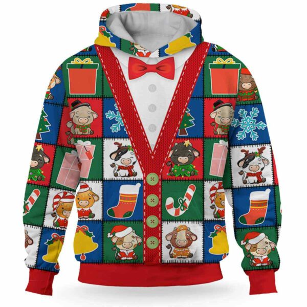 AOPH-U-Ani-ColoSewiPatc-Cow-211028VA10 @ Cow colorful sewing patches-Cow Christmas Colorful Patches 3D Hoodie