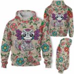 AOPH-W-Ani-SugaSkulBlacMexiFlwr-Axolo-211028NA10 @ Axolotl Sugar Skull Black Mexican Flower-Axolotl Sugar Skull With Floral Pattern 3D Hoodie