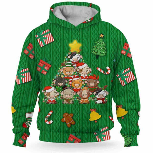 AOPH-U-Ani-GreeKnitPtn-Cow-211028VA10 @ Cow Green Knit Pattern-Cow Christmas Tree Cute Pattern Green 3D Hoodie