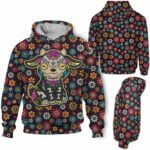 AOPH-W-Ani-SugaSkulMexiFralPtn-Goat-211028NA10 @ Goat Sugar Skull Mexico Floral Pattern-Goat Sugar Skull With Colorful Flower Pattern 3D Hoodie