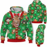 AOPH-U-Ani-ChriGreePtn-Cow-211028VA10 @ Cow Christmas Green Pattern-Cow Christmas Green Pattern On Suite 3D Hoodie