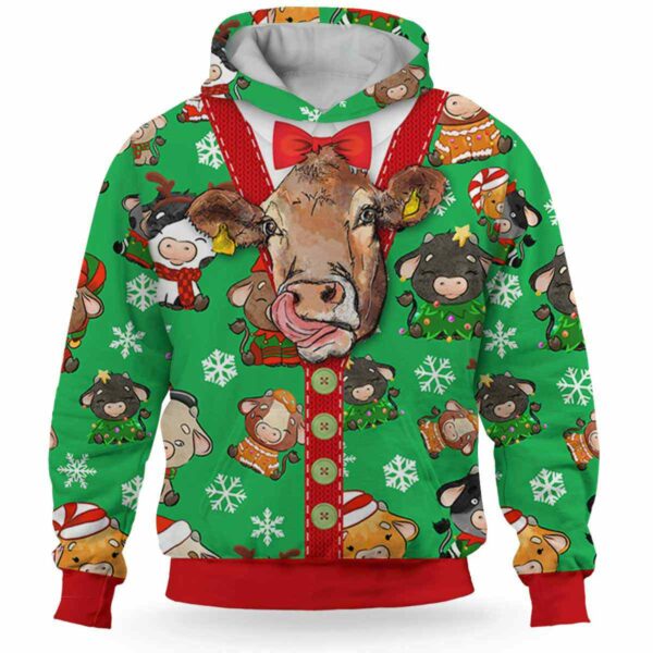 AOPH-U-Ani-ChriGreePtn-Cow-211028VA10 @ Cow Christmas Green Pattern-Cow Christmas Green Pattern On Suite 3D Hoodie