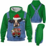 AOPH-U-Ani-GreeKnit-Cow-211028VA10 @ Cow Green Knit-Cow Green Knit Funny Farmer Suit 3D Hoodie