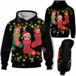 AOPH-U-Ani-CuteSockSnow-Slth-211026VA10 @ Sloth Cute Sock Snow-Sloth In Cute Sock Black Pattern 3D Hoodie