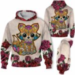 AOPH-U-Ani-SugaSkulRose-Fox-211028NA10 @ Fox Sugar Skull Rose-Fox Sugar Skull Red Flower 3D Hoodie