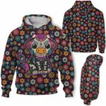 AOPH-W-Ani-SugaSkulMexiFralPtn-Cow-211028NA10 @ Cow Sugar Skull Mexico Floral Pattern-Cow Sugar Skull With Colorful Flower Pattern 3D Hoodie