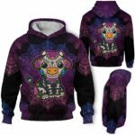 AOPH-U-Ani-SugaSkulBlacMdl-Cow-211028NA10 @ Cow Sugar Skull Black Mandala-Cow Sugar Skull With Purple Mandala 3D Hoodie