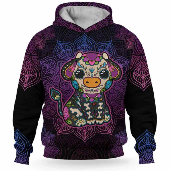 AOPH-U-Ani-SugaSkulBlacMdl-Cow-211028NA10 @ Cow Sugar Skull Black Mandala-Cow Sugar Skull With Purple Mandala 3D Hoodie