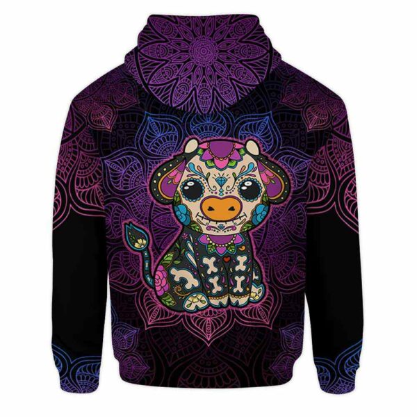 AOPH-U-Ani-SugaSkulBlacMdl-Cow-211028NA10 @ Cow Sugar Skull Black Mandala-Cow Sugar Skull With Purple Mandala 3D Hoodie