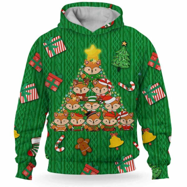 AOPH-U-Ani-GreeKnitPtn-Fox-211028VA10 @ Fox Green Knit Pattern-Fox Christmas Tree Cute Pattern Green 3D Hoodie