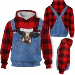AOPH-U-Ani-FarmDungRedPlai-Cow-211028VA10 @ Cow Farm Dungarees Red Plaid-Cow Red Plaid Funny Farmer Suite 3D Hoodie