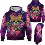 AOPH-W-Ani-SugaSkulFralSmok-Fox-211028NA10 @ Fox Sugar Skull Floral Smoke-Fox Sugar Skull Pink Purple Flower Galaxy 3D Hoodie