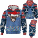 AOPH-U-Ani-FarmDungChriKnitPtn-Goat-211028VA10 @ Goat Farm Dungarees Christmas Knit Pattern-Goat Wears Santa Hat Funny Farmer Suite 3D Hoodie