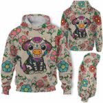 AOPH-W-Ani-SugaSkulBlacMexiFlwr-Cow-211028NA10 @ Cow Sugar Skull Black Mexican Flower-Cow Sugar Skull With Floral Pattern 3D Hoodie