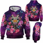 AOPH-W-Ani-SugaSkulFralSmok-Cow-211028NA10 @ Cow Sugar Skull Floral Smoke-Cow Sugar Skull Pink Purple Flower Galaxy 3D Hoodie