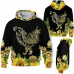 AOPH-W-Ani-Sfl-Cikn-211026VA10 @ Chicken Sunflower-Chicken Floral Line Art Sunflower 3D Hoodie