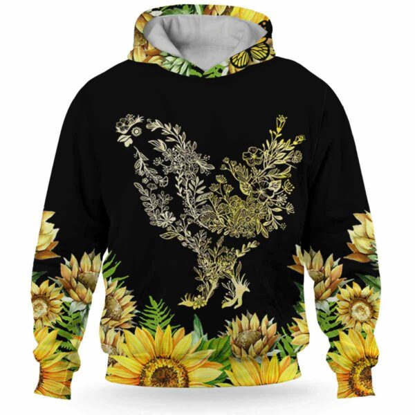 AOPH-W-Ani-Sfl-Cikn-211026VA10 @ Chicken Sunflower-Chicken Floral Line Art Sunflower 3D Hoodie