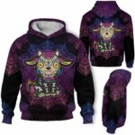 AOPH-U-Ani-SugaSkulBlacMdl-Goat-211028NA10 @ Goat Sugar Skull Black Mandala-Goat Sugar Skull With Purple Mandala 3D Hoodie